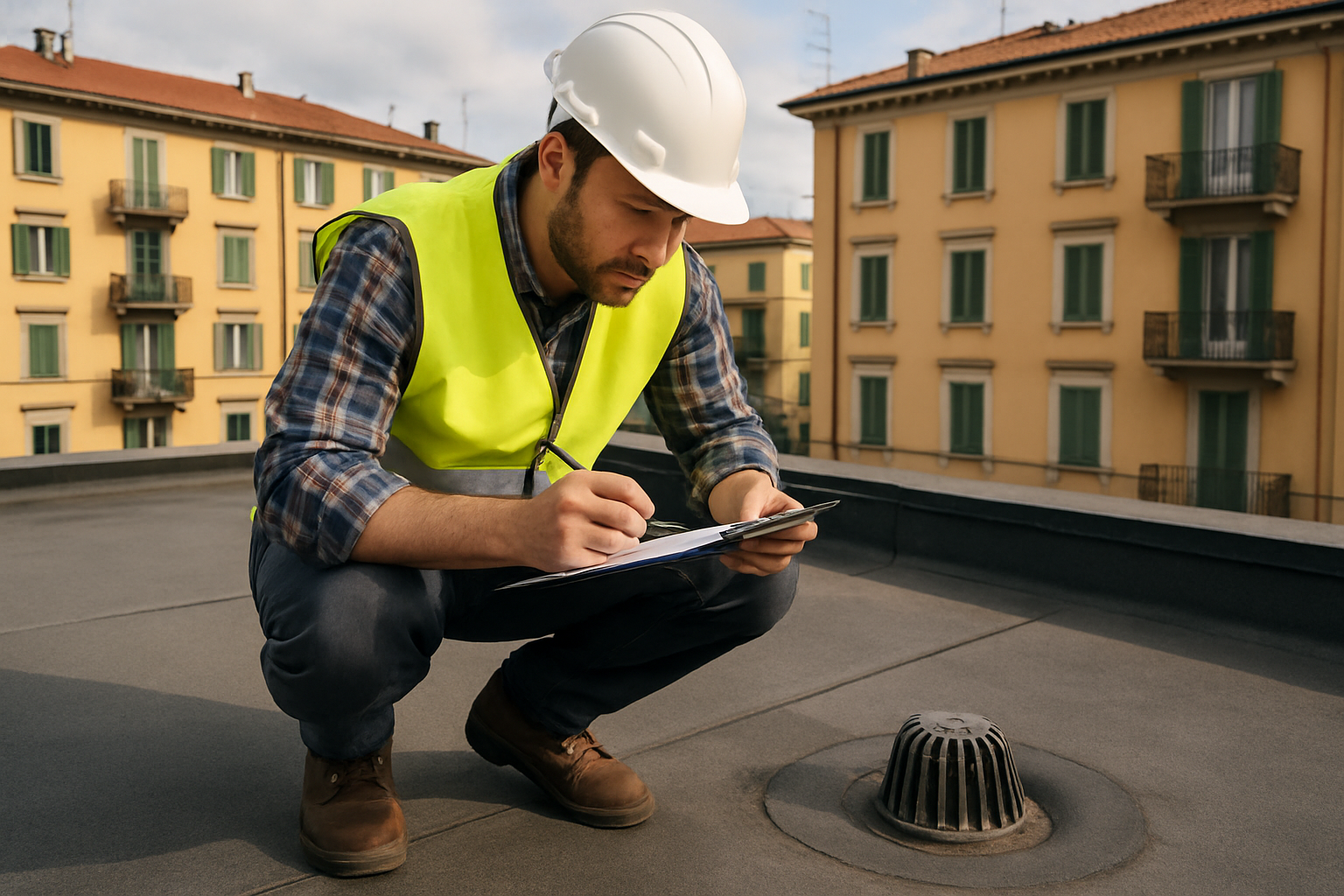 Tecnico in sopralluogo sul lastrico solare condominiale per verifica delle condizioni della superficie