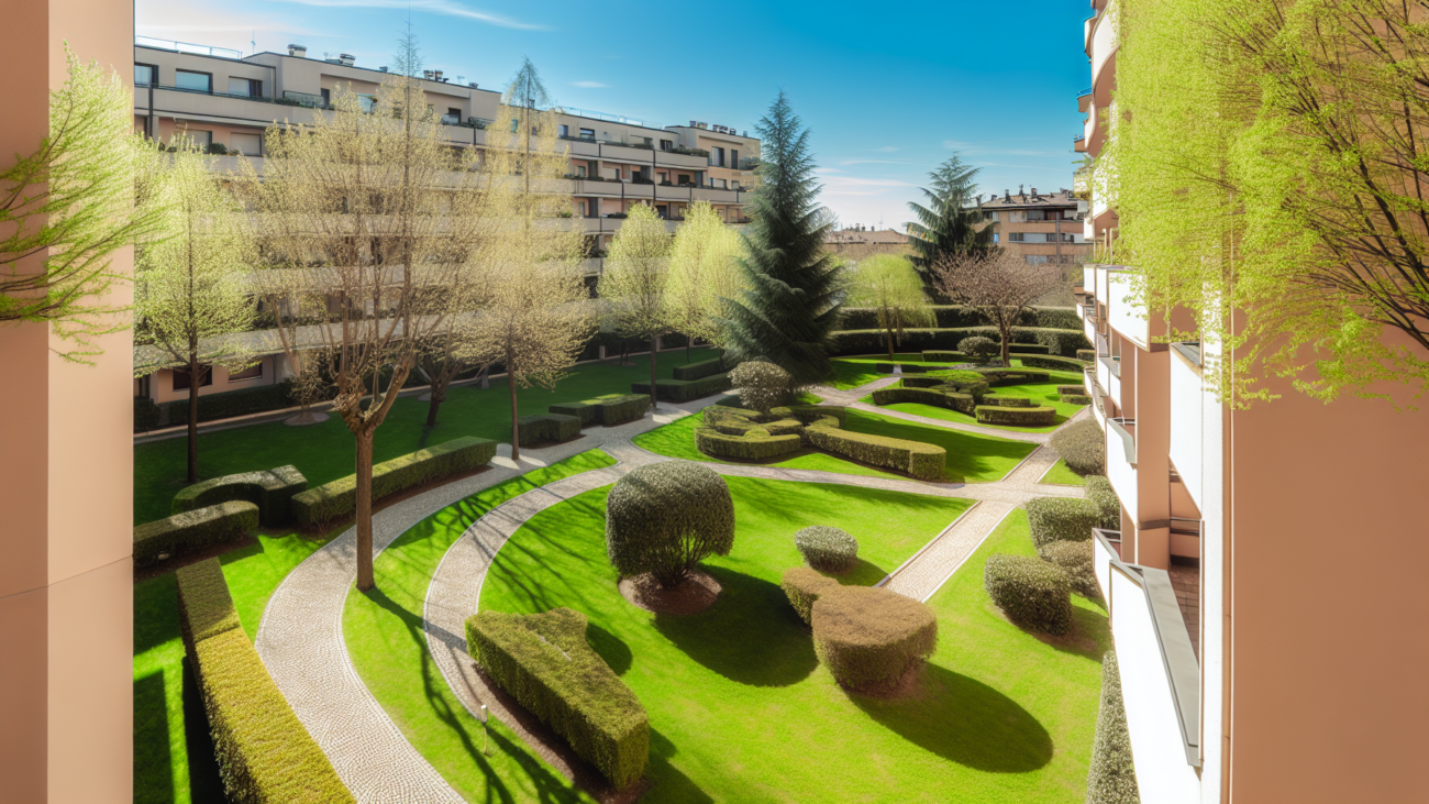Giardino condominiale curato con prato verde e siepi potate in un edificio residenziale italiano
