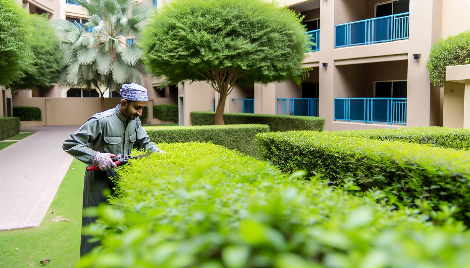Giardiniere professionista che esegue la potatura delle siepi in un giardino condominiale