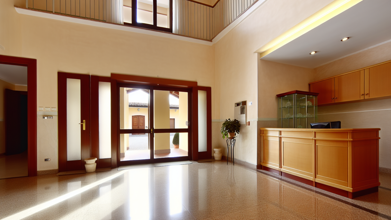 Atrio di ingresso di un condominio italiano con portineria e pavimento in marmo