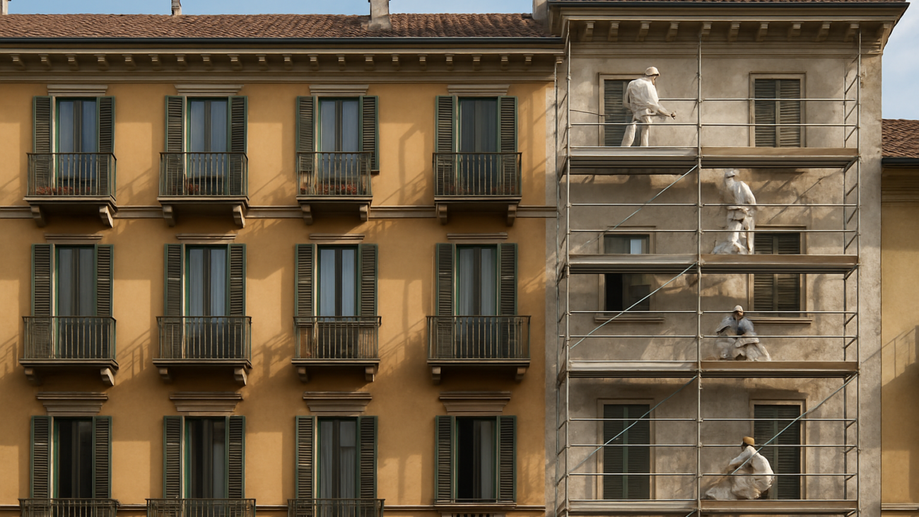 Lavori di rifacimento facciata su condominio italiano con ponteggio e operai