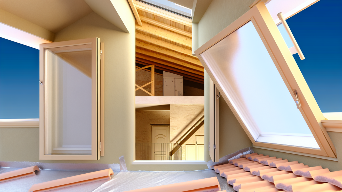 Sottotetto di un edificio condominiale italiano con struttura in legno e luce naturale