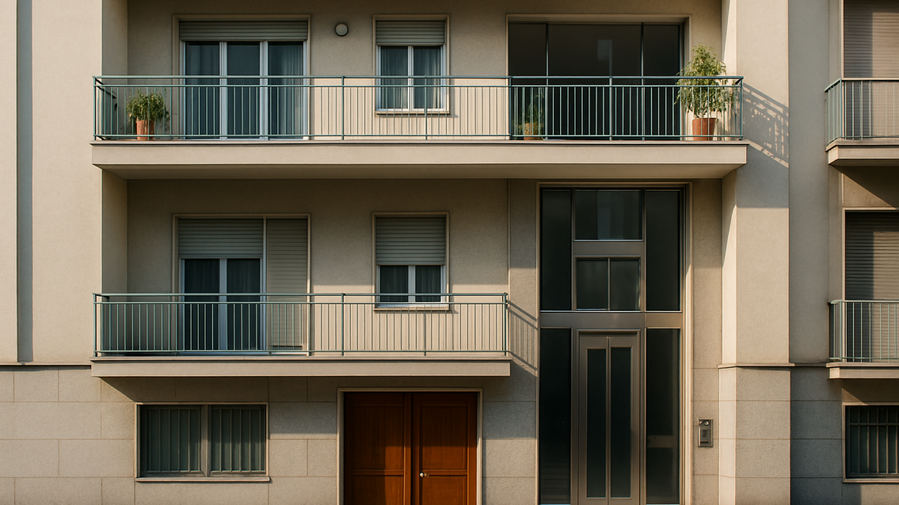 Facciata di condominio italiano con terrazzo comune e ascensore, simbolo delle spese sui beni condominiali