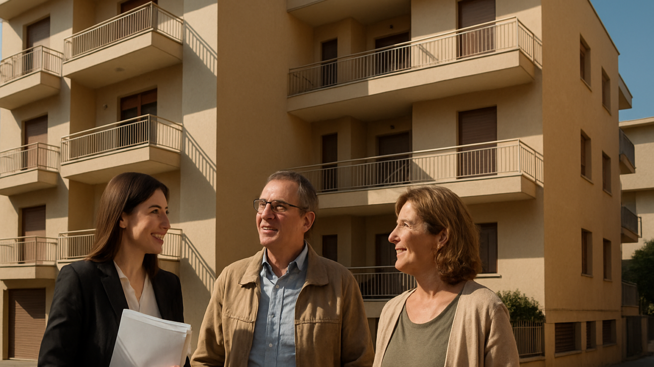 Amministratrice di condominio e condomini osservano la facciata di un palazzo, simbolo della pianificazione dei lavori condominiali nel 2026
