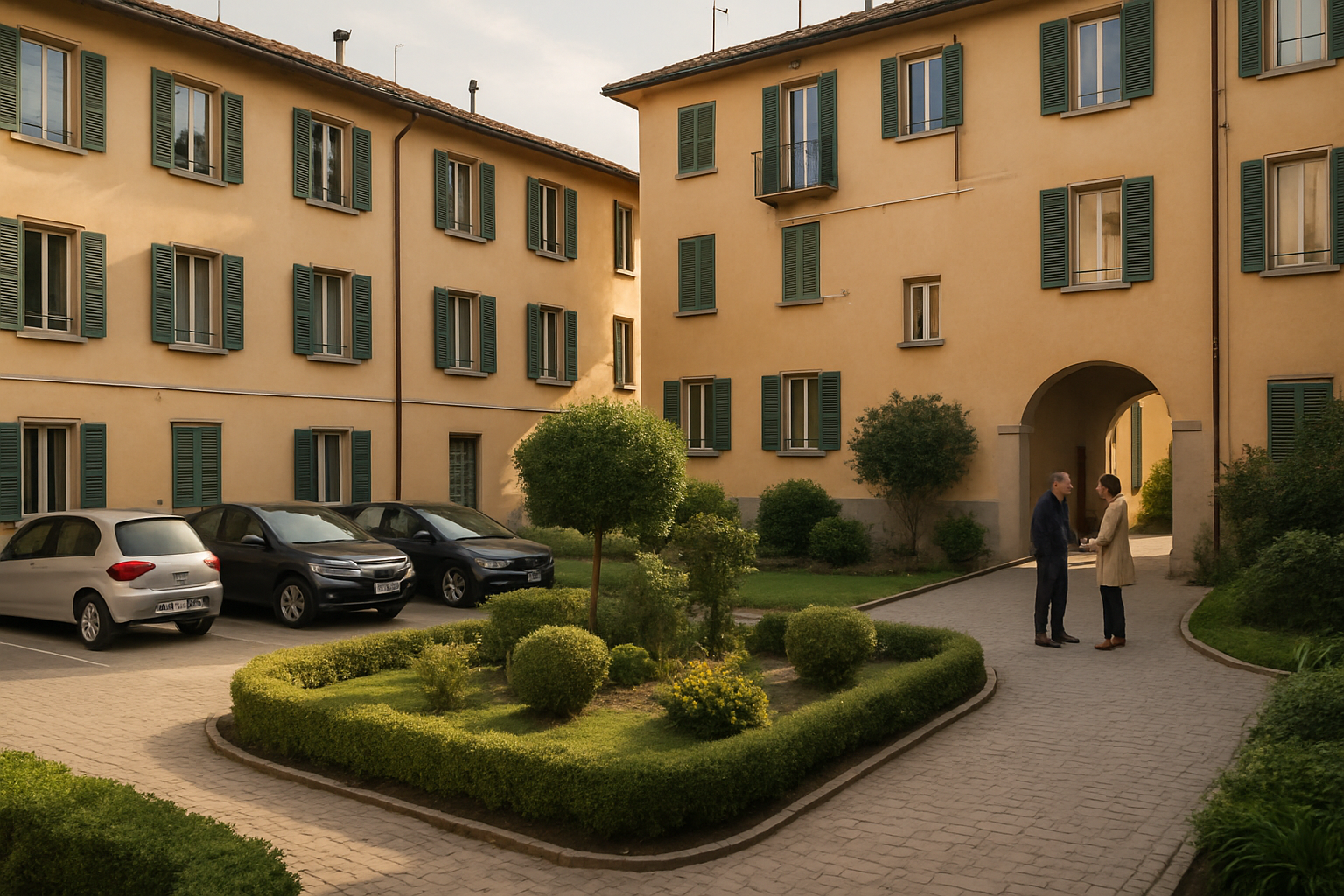 Cortile condominiale condiviso in un edificio residenziale italiano con giardino e parcheggio
