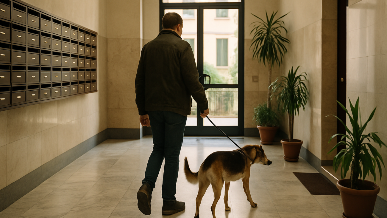 Proprietario con cane al guinzaglio nelle parti comuni di un condominio italiano