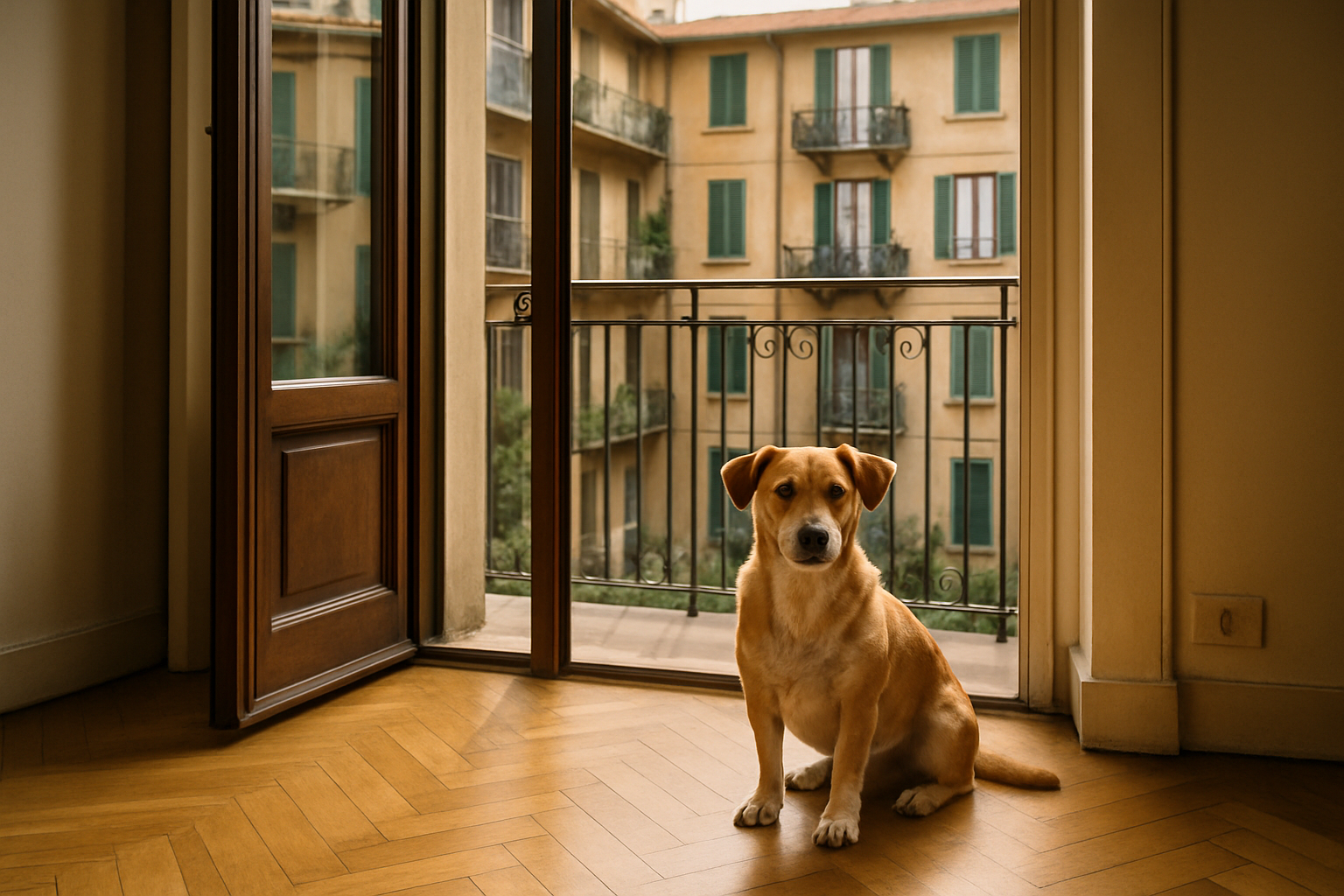 Cane domestico in appartamento condominiale italiano con vista sul cortile