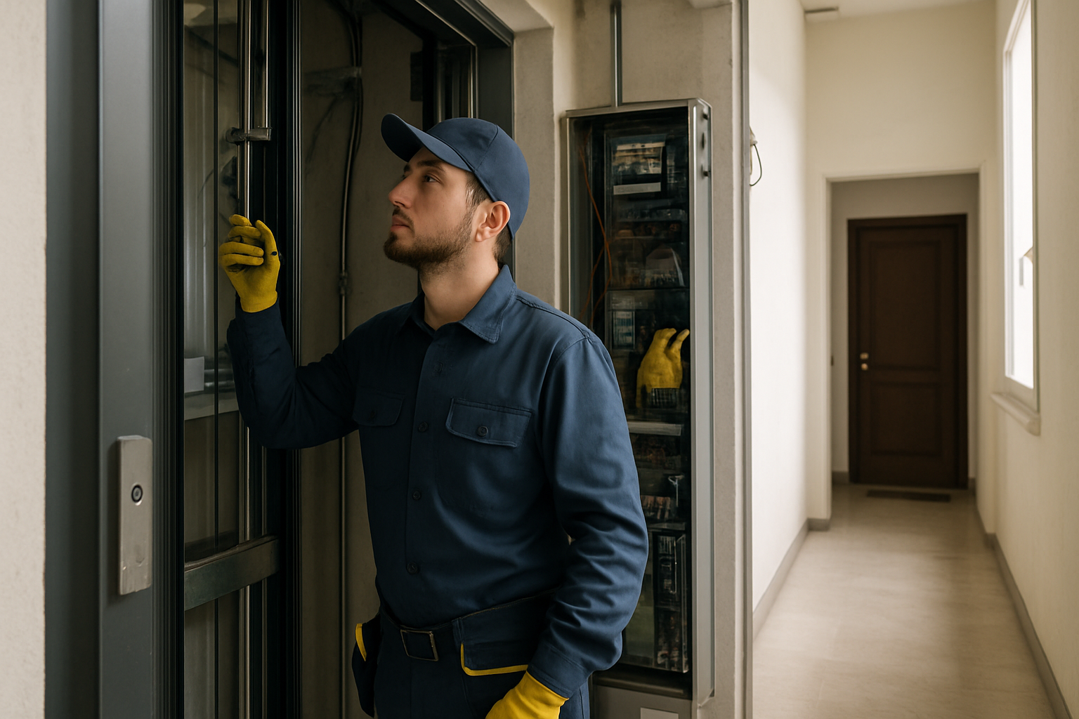 Tecnico specializzato esegue la manutenzione di un ascensore condominiale