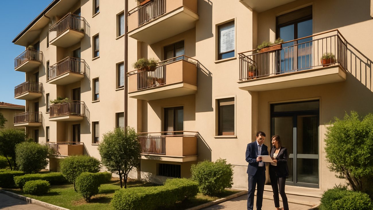 Assicurazione condominiale: facciata di un condominio italiano con amministratore che esamina documenti