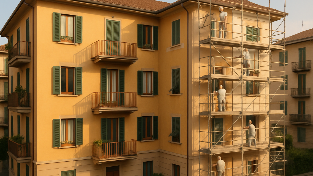 Condominio italiano in ristrutturazione con ponteggi e lavoratori, bonus ristrutturazione 2026