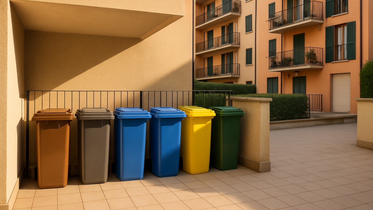 Area raccolta differenziata condominiale con contenitori colorati in cortile di edificio italiano