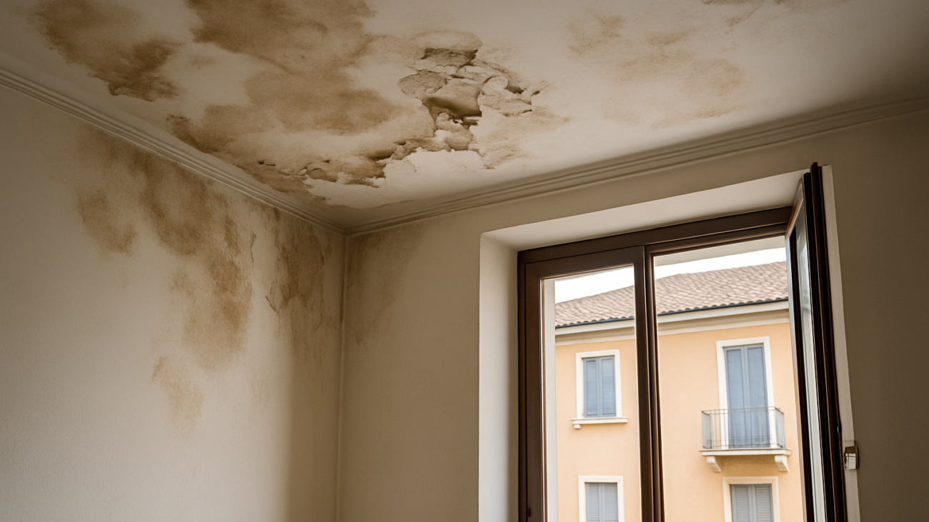 Soffitto danneggiato da infiltrazioni d'acqua in un appartamento condominiale italiano