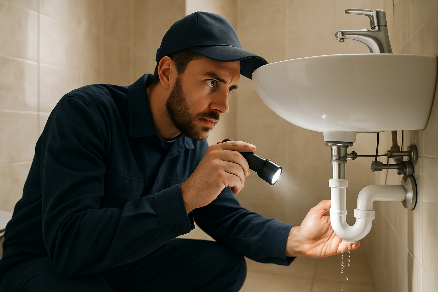 Tecnico che ispeziona una perdita idrica sotto il lavabo in un appartamento
