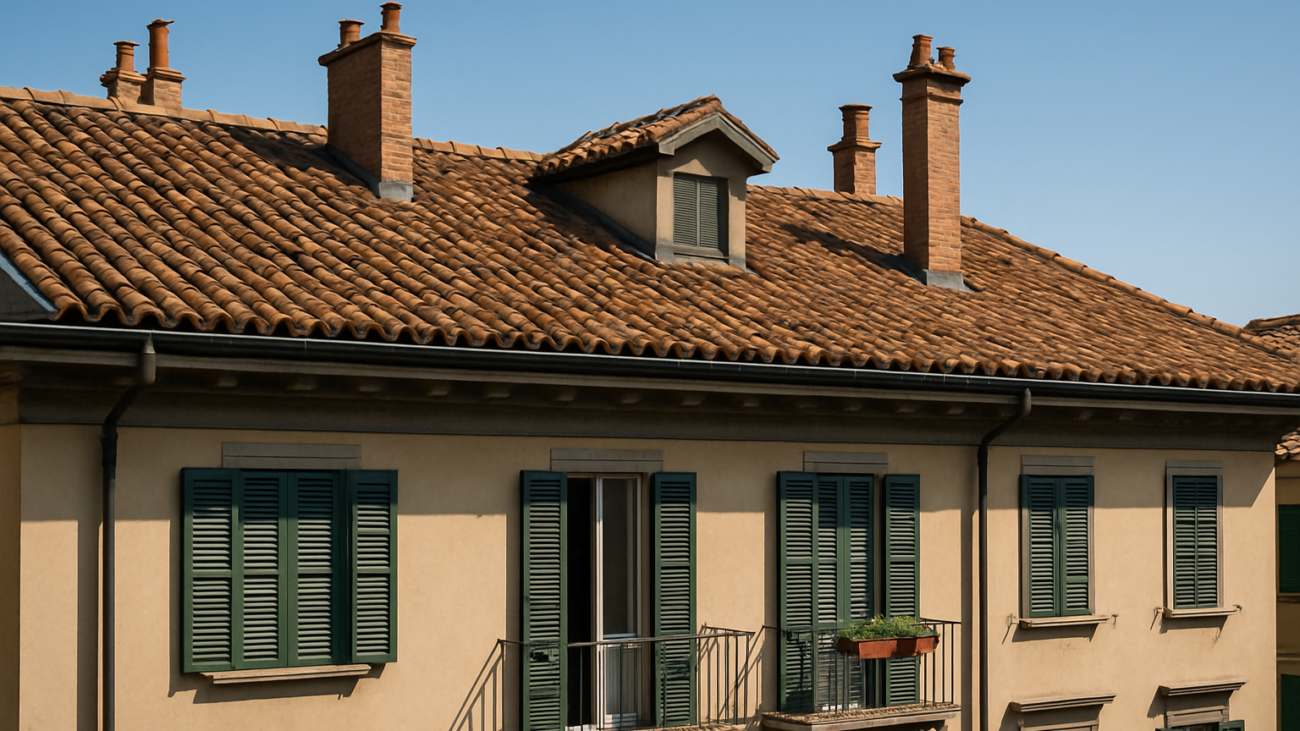 Tetto di un condominio italiano con tegole in laterizio e grondaie, manutenzione tetto condominiale