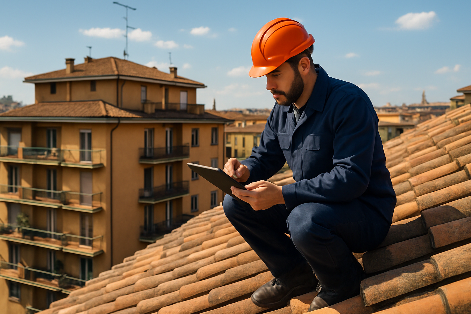 Tecnico che ispeziona il tetto di un condominio italiano, sopralluogo manutenzione