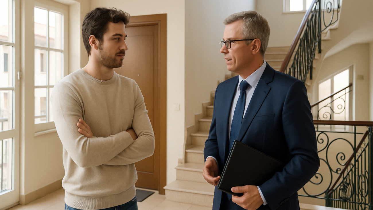 Inquilino e amministratore di condominio in conversazione nelle parti comuni dell'edificio