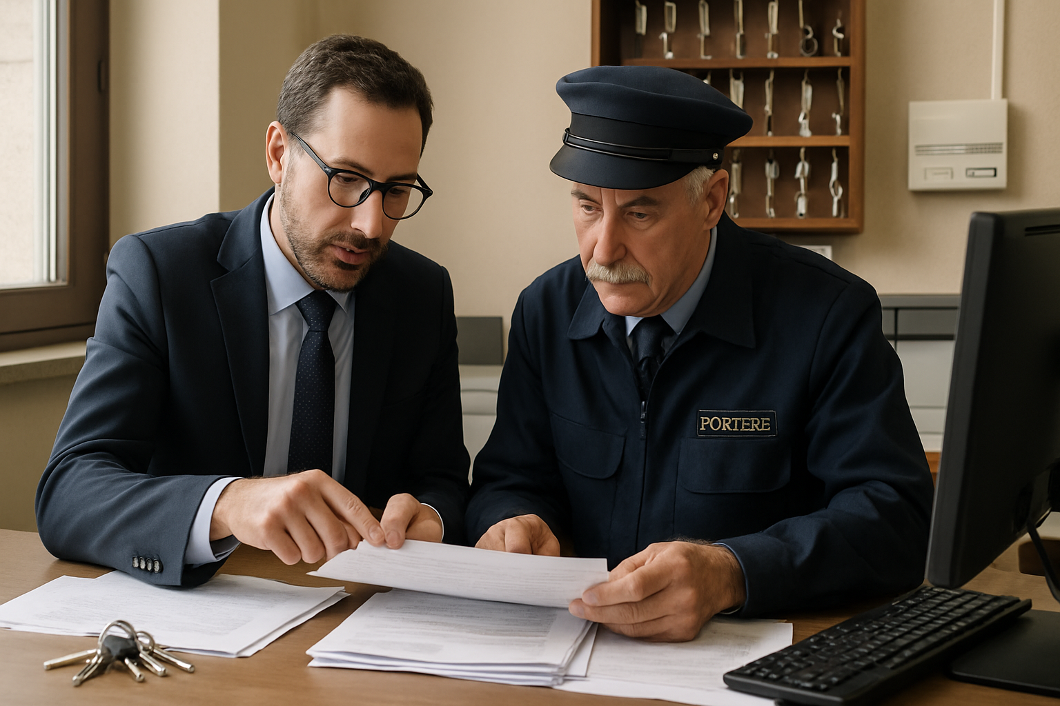 Amministratore di condominio e portiere esaminano il contratto di lavoro