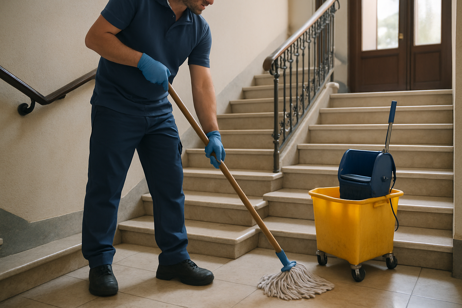 Pulizia professionale delle scale condominiali con mop e secchio