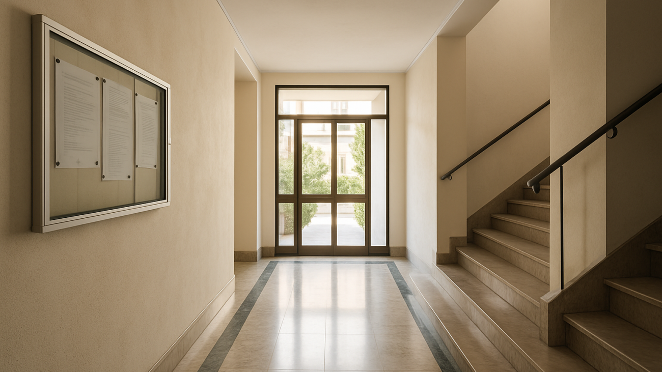 Bacheca con regolamento condominiale nell'ingresso di un condominio italiano