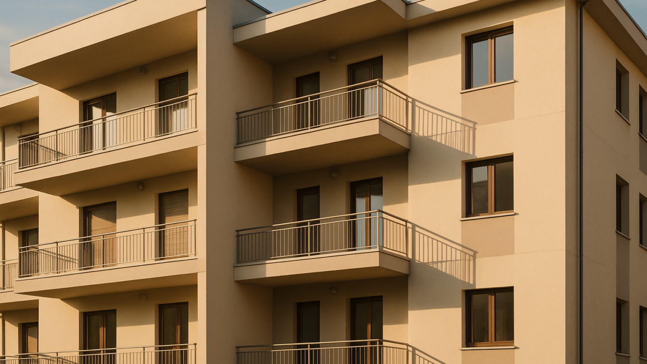 Edificio condominiale italiano con balconi, esempio di ripartizione spese condominiali per millesimi