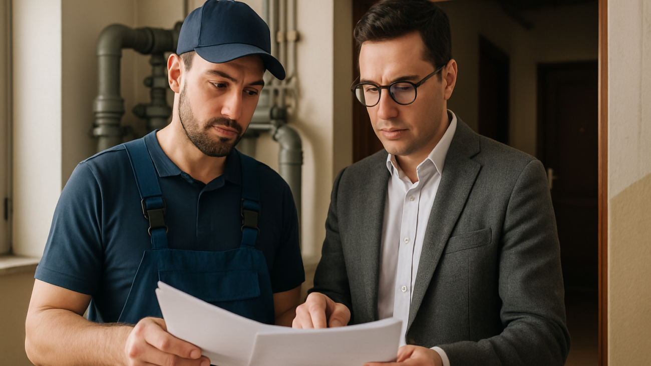 Amministratore di condominio e tecnico esaminano documenti sulla ripartizione spese colonna scarico
