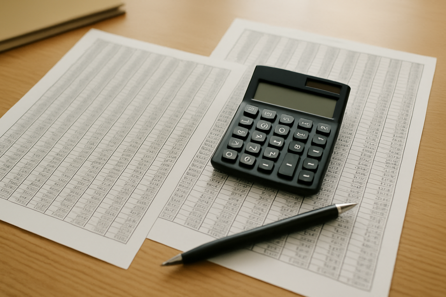 Tabelle millesimali e calcoli su scrivania di studio di amministrazione condominiale