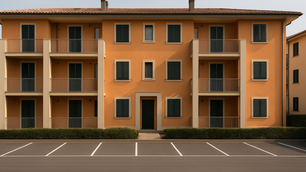 Parcheggio condominiale di un edificio residenziale italiano con segnaletica orizzontale