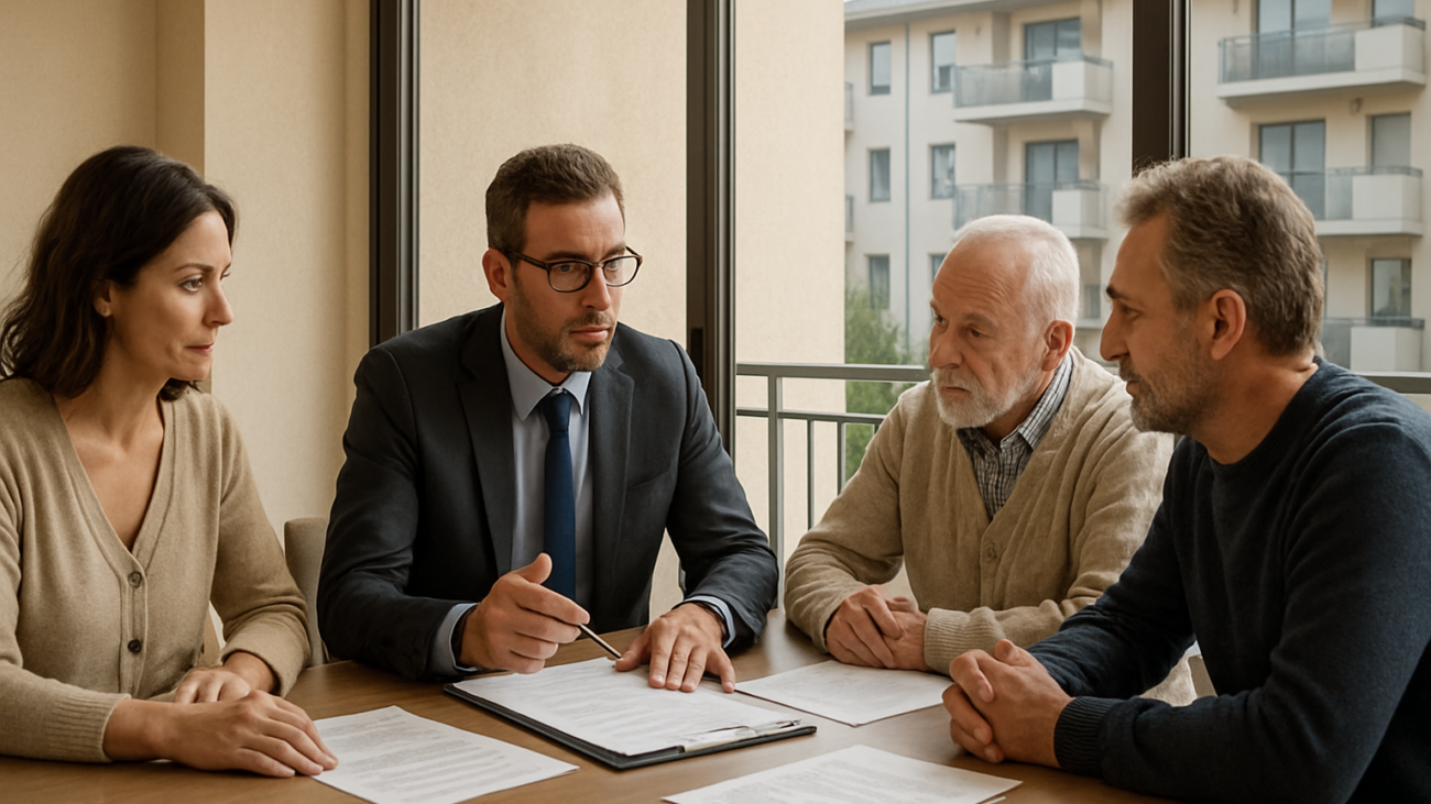 Amministratore e condòmini riuniti in assemblea condominiale italiana con documenti sulla ripartizione delle spese