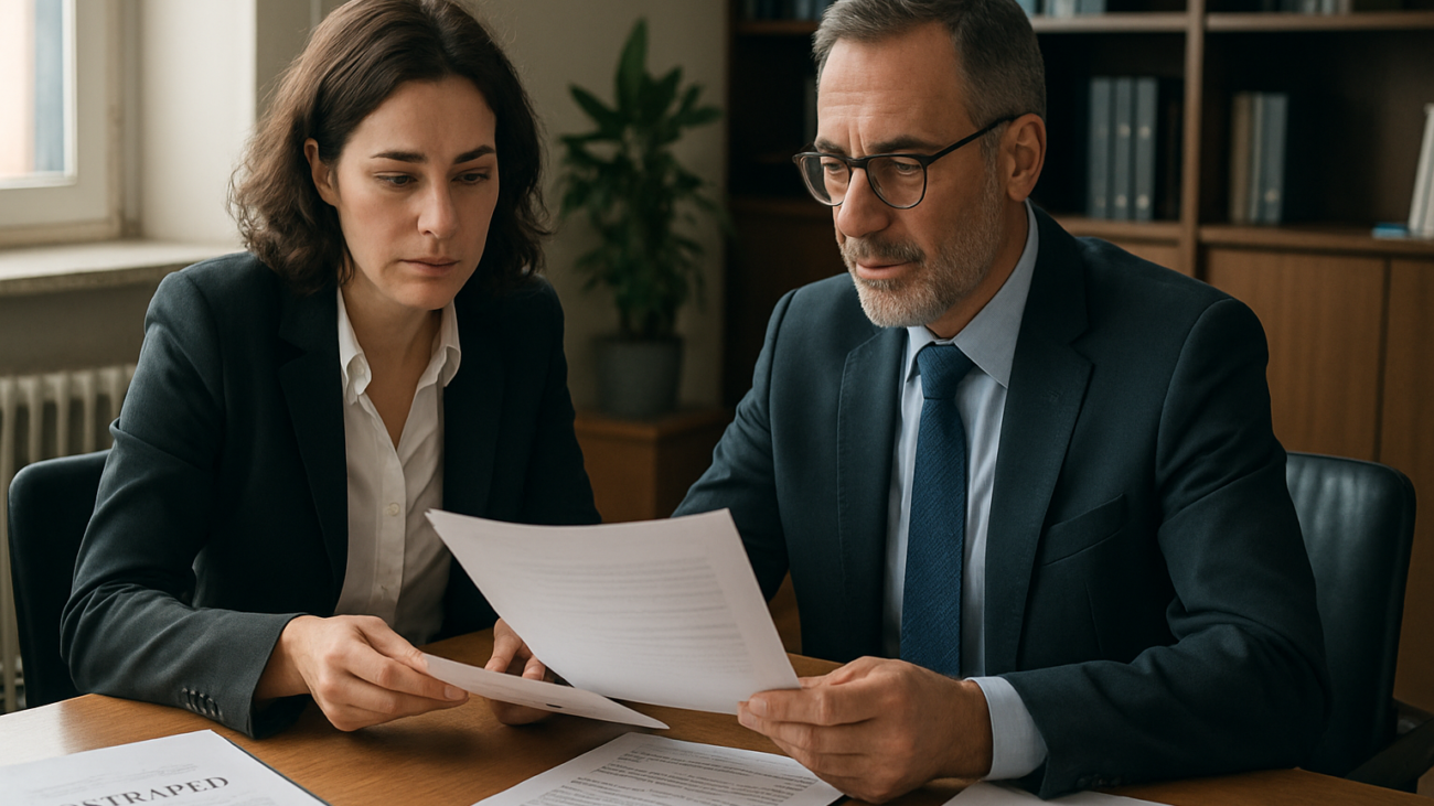 Professionista e cliente esaminano documenti condominiali prima di una compravendita immobiliare