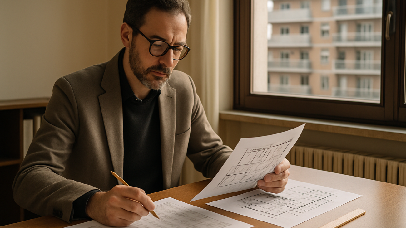 Tecnico che esamina le tabelle millesimali di un condominio italiano