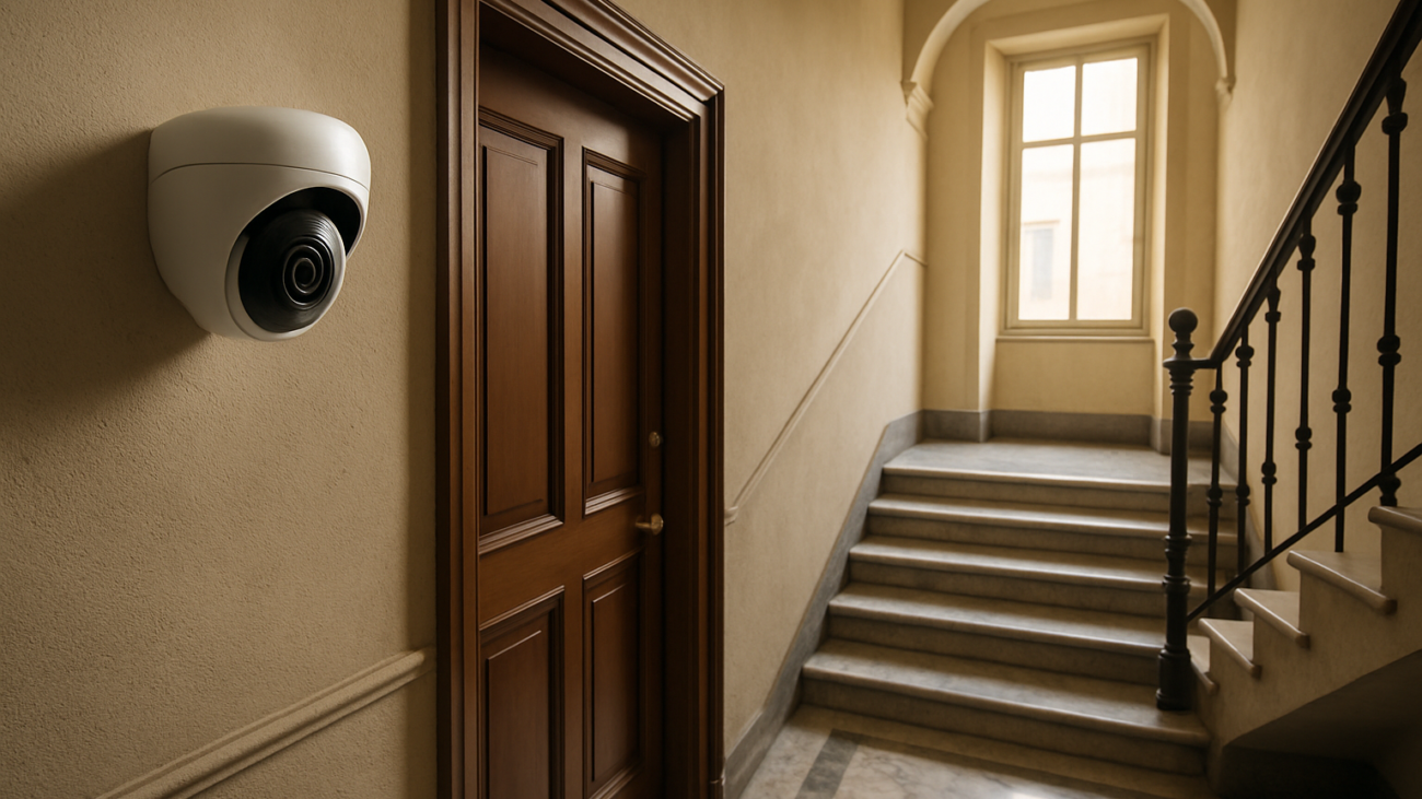 Telecamera privata installata vicino alla porta di un appartamento in un condominio italiano con pianerottolo comune visibile