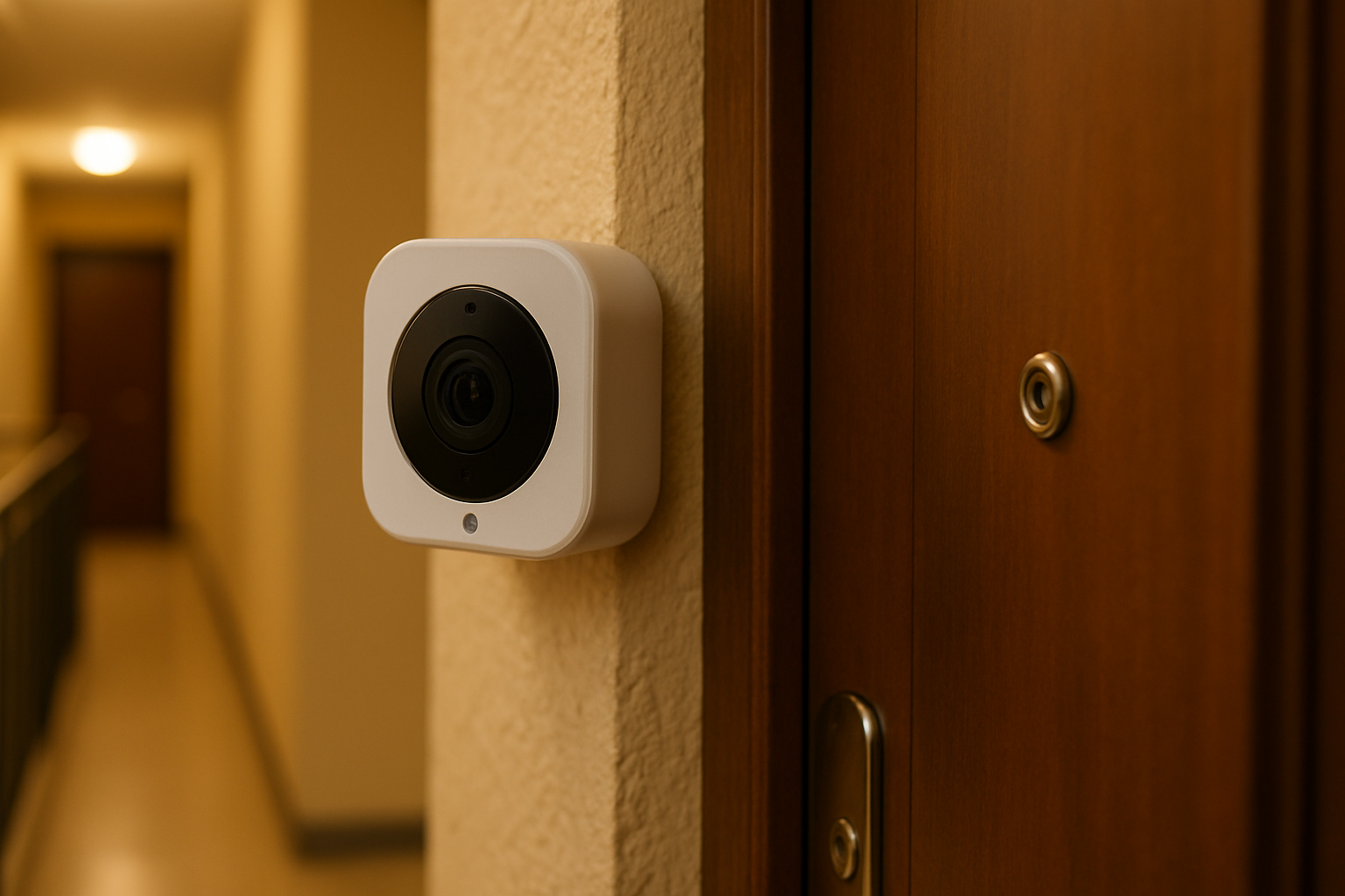 Dettaglio di telecamera di sicurezza privata orientata verso un'area comune condominiale