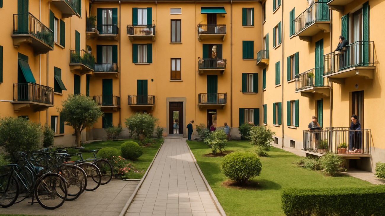 Cortile condominiale con spazi comuni ben tenuti in un edificio residenziale italiano