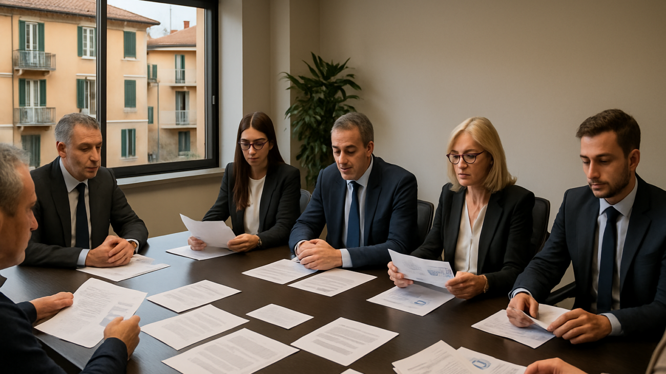 Assemblea condominiale in corso in una sala riunioni professionale con condomini seduti attorno a un tavolo