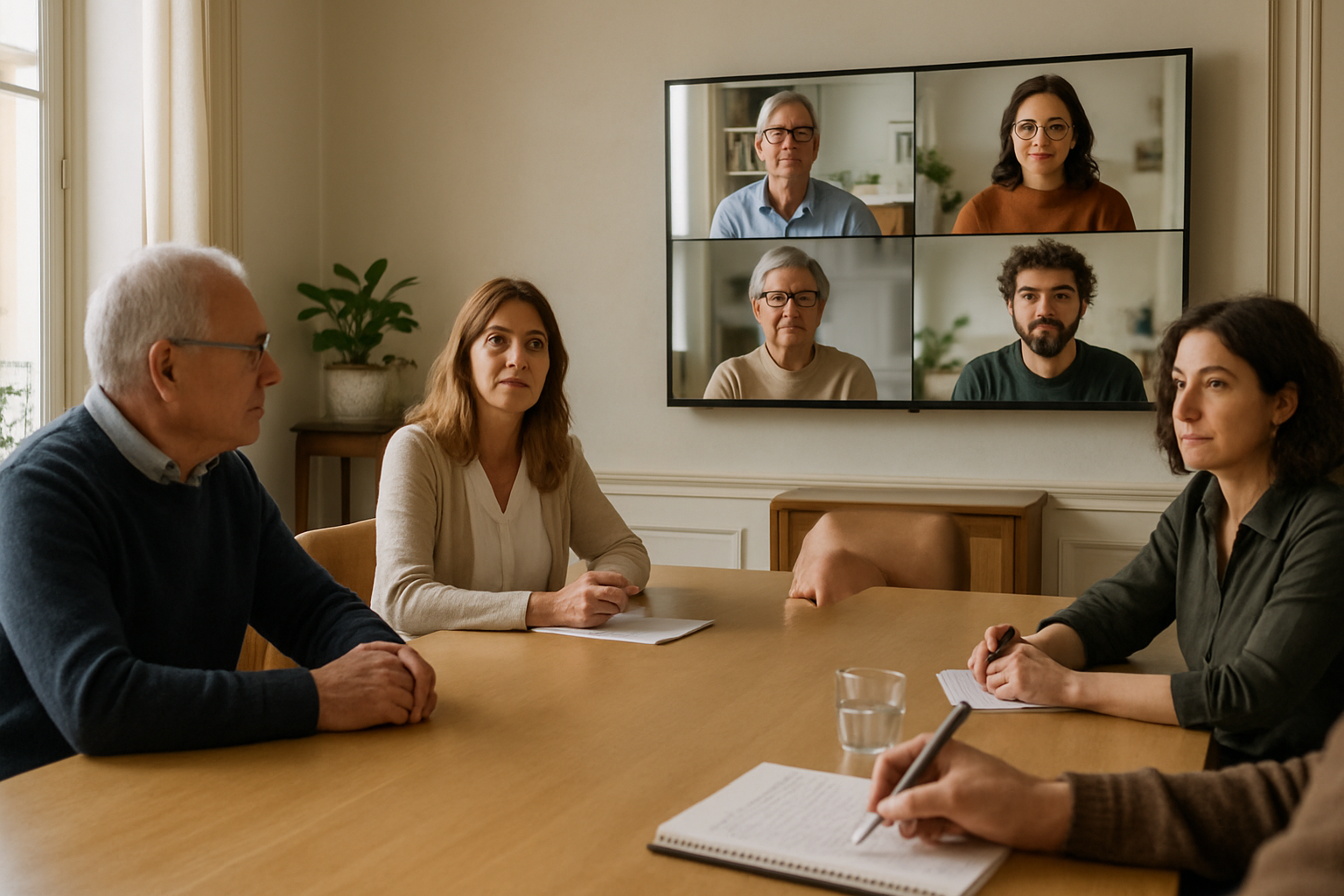 Assemblea condominiale mista con partecipanti in sala e collegati in videoconferenza