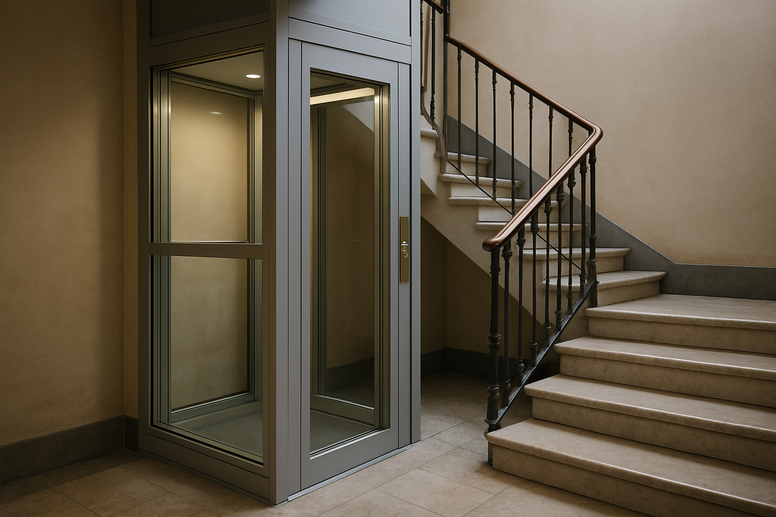 Ascensore installato nel vano scala di un condominio per eliminare le barriere architettoniche