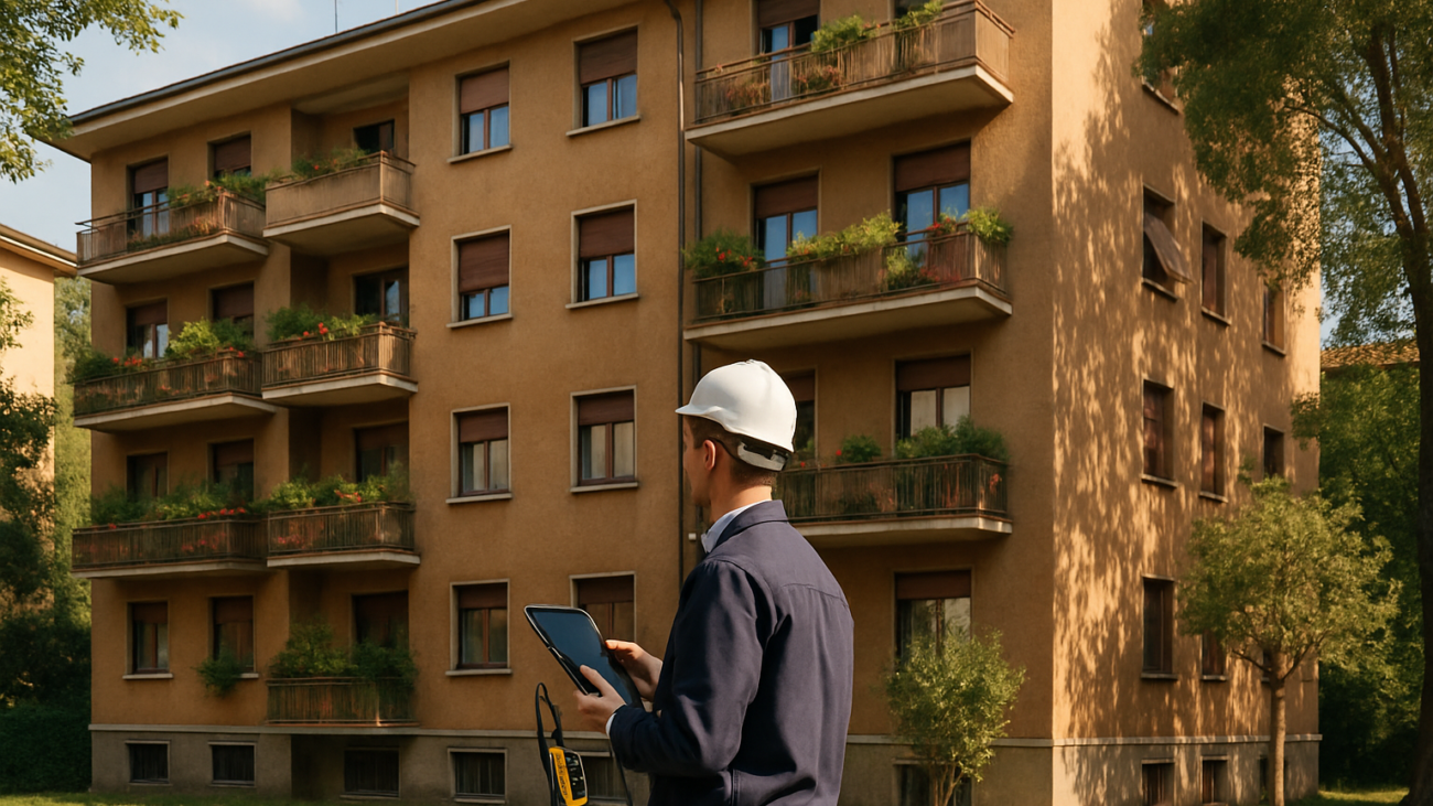Tecnico che esamina un edificio condominiale italiano per la certificazione energetica APE