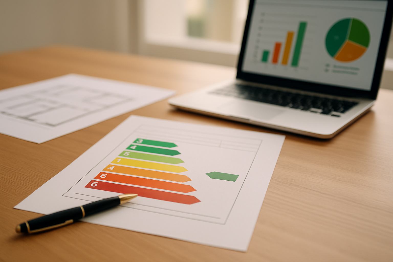 Attestato di prestazione energetica APE su scrivania con planimetrie e laptop