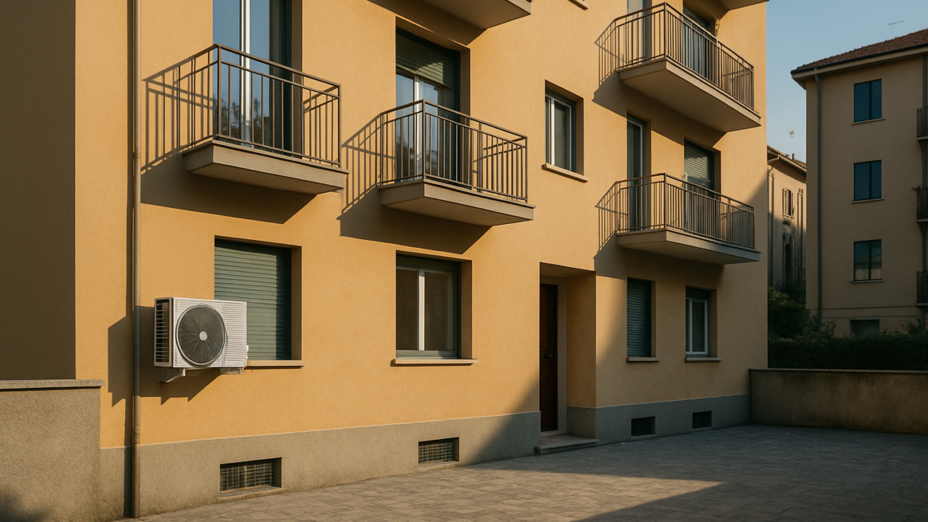 Condizionatore installato sul muro condominiale che sporge sul cortile privato del vicino