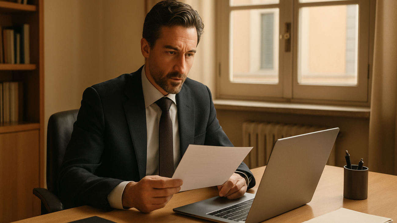 Amministratore condominiale al computer valuta comunicazione email e documentazione cartacea