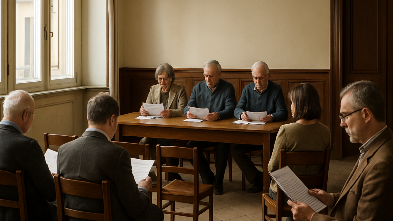 Assemblea condominiale in una sala riunioni italiana con documenti sul tavolo