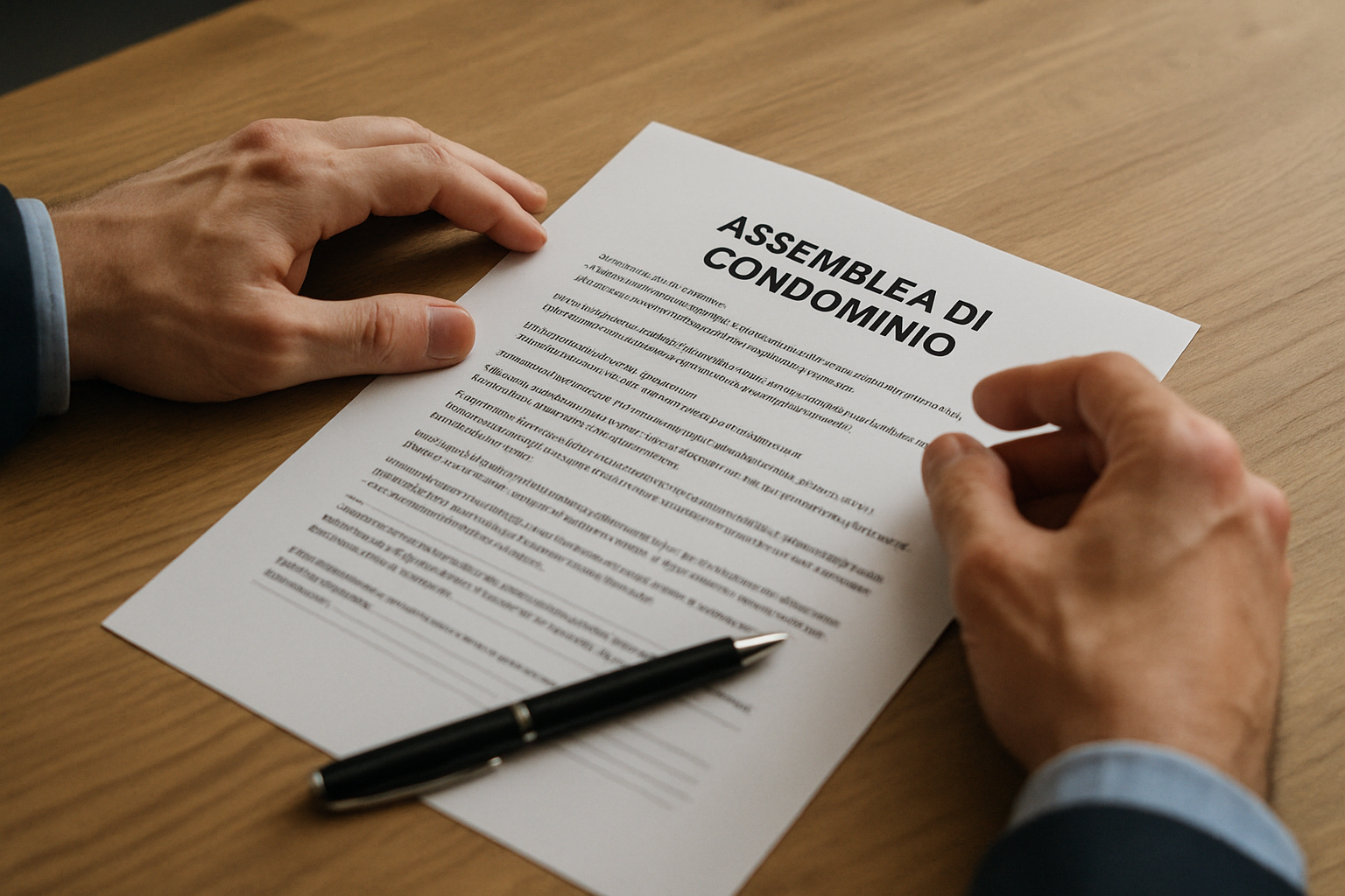 Revisione di un verbale di assemblea condominiale su tavolo in legno