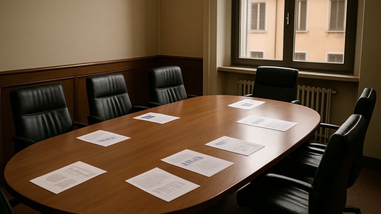 Sala riunioni condominiale con documenti e tabelle sul tavolo durante assemblea