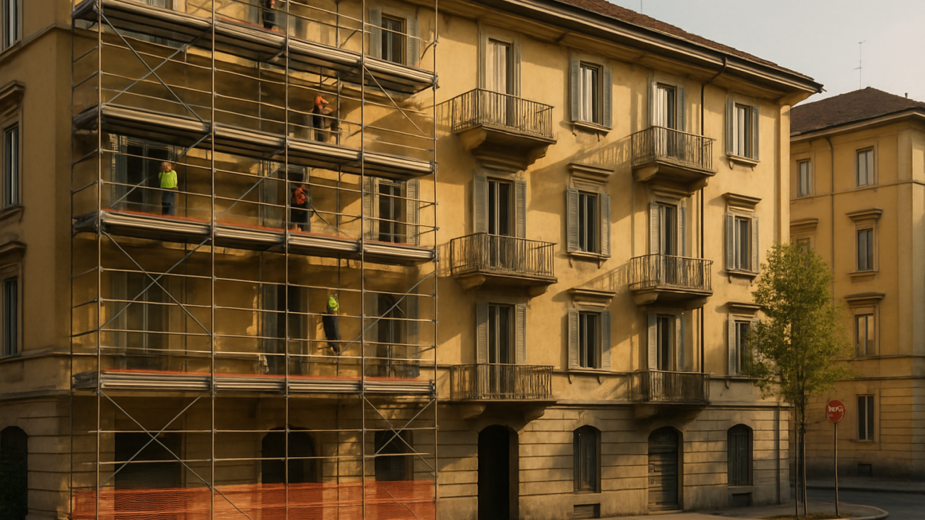 Condominio italiano in ristrutturazione con ponteggi sulla facciata - detrazioni fiscali lavori condominiali