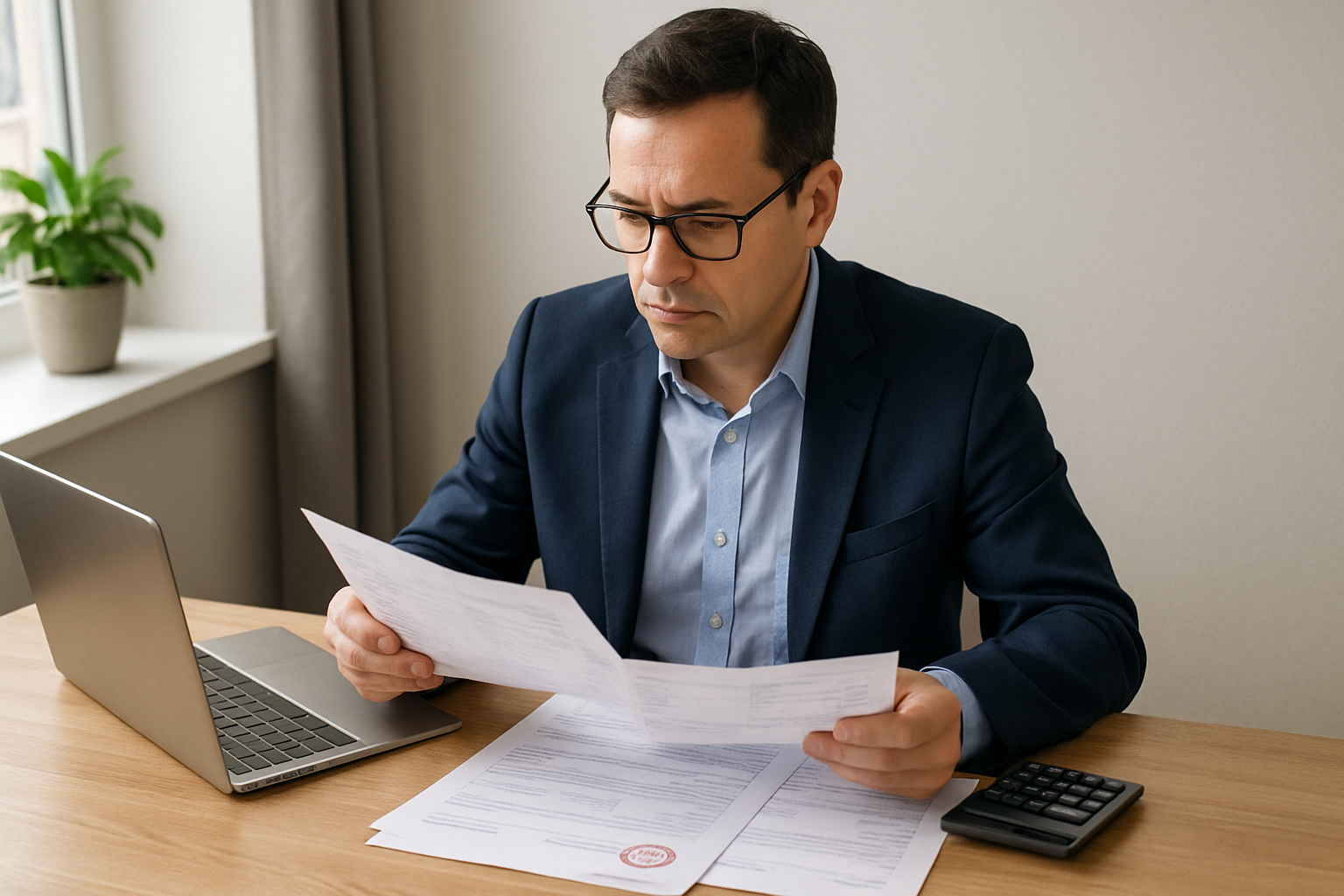 Amministratore di condominio che esamina documenti fiscali per i lavori di ristrutturazione