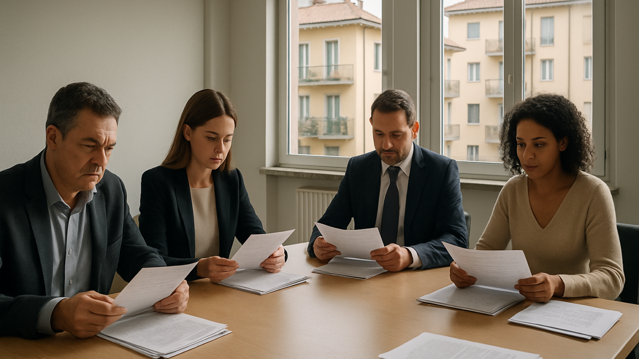 Assemblea condominiale riunita attorno a un tavolo per discutere delibera su fondo straordinario morosità