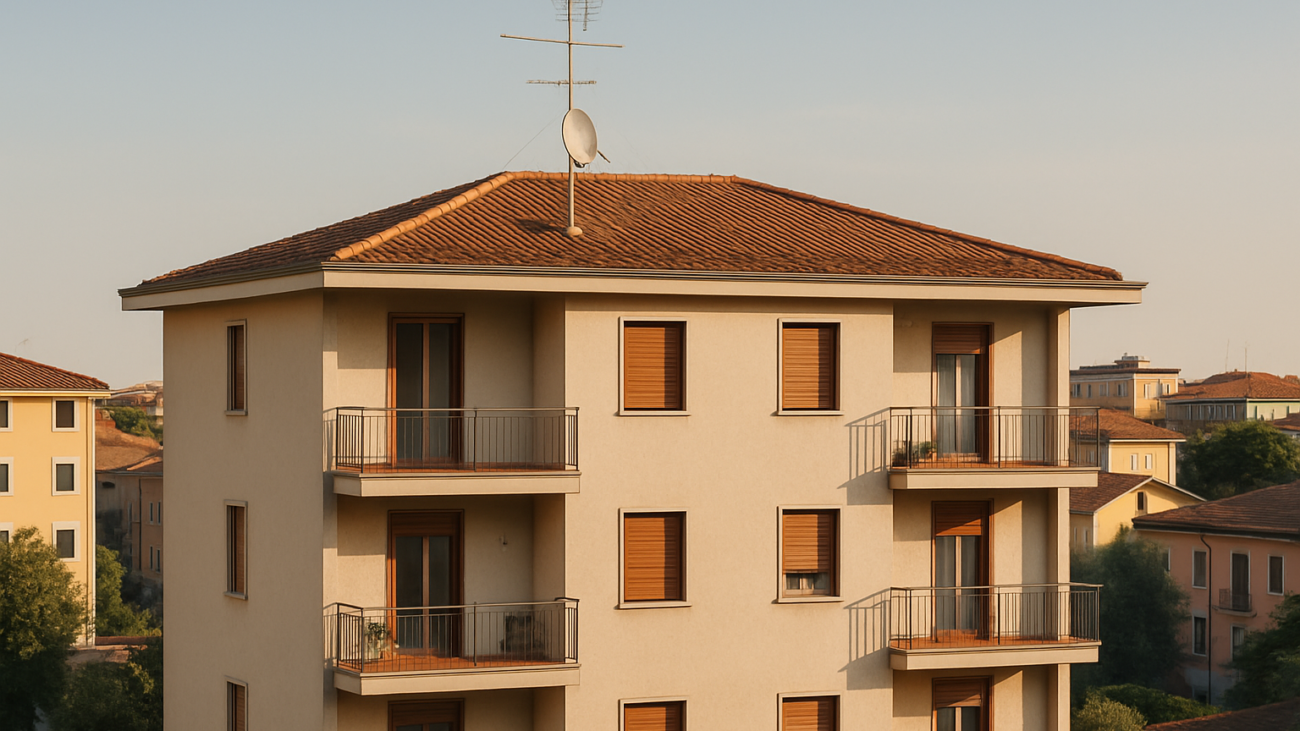 Antenna e impianto TV centralizzato sul tetto di un condominio italiano