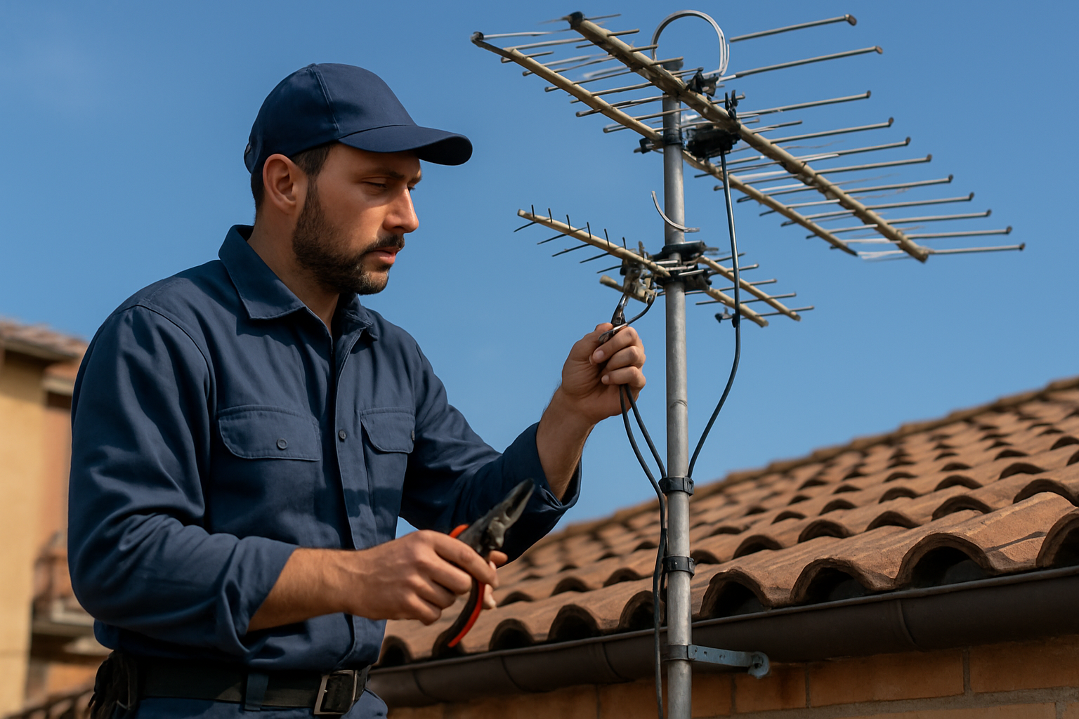 Tecnico che ispeziona l'antenna condominiale sul tetto di un edificio