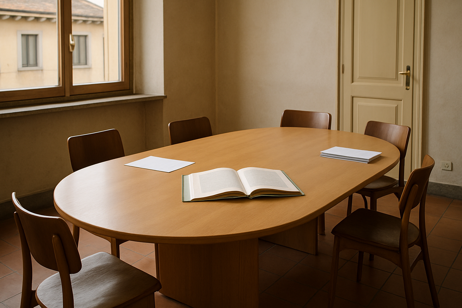 Sala riunioni per arbitrato condominiale con documenti sul tavolo