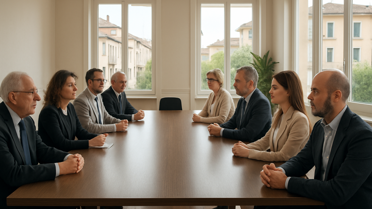 Assemblea condominiale in sala riunioni: condòmini riuniti per votare una delibera